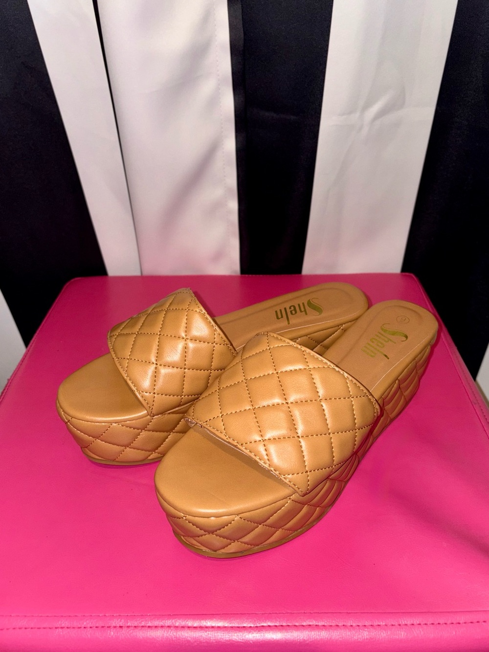 SHEIN Quilted Tan Platform Slide Sandals